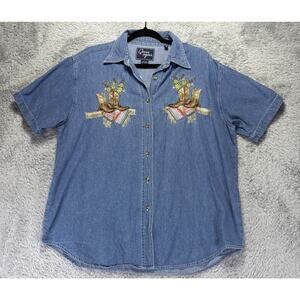 Vintage Denim Large Short Sleeve Button Up Cowgirl‎ Boots Western Embroidered